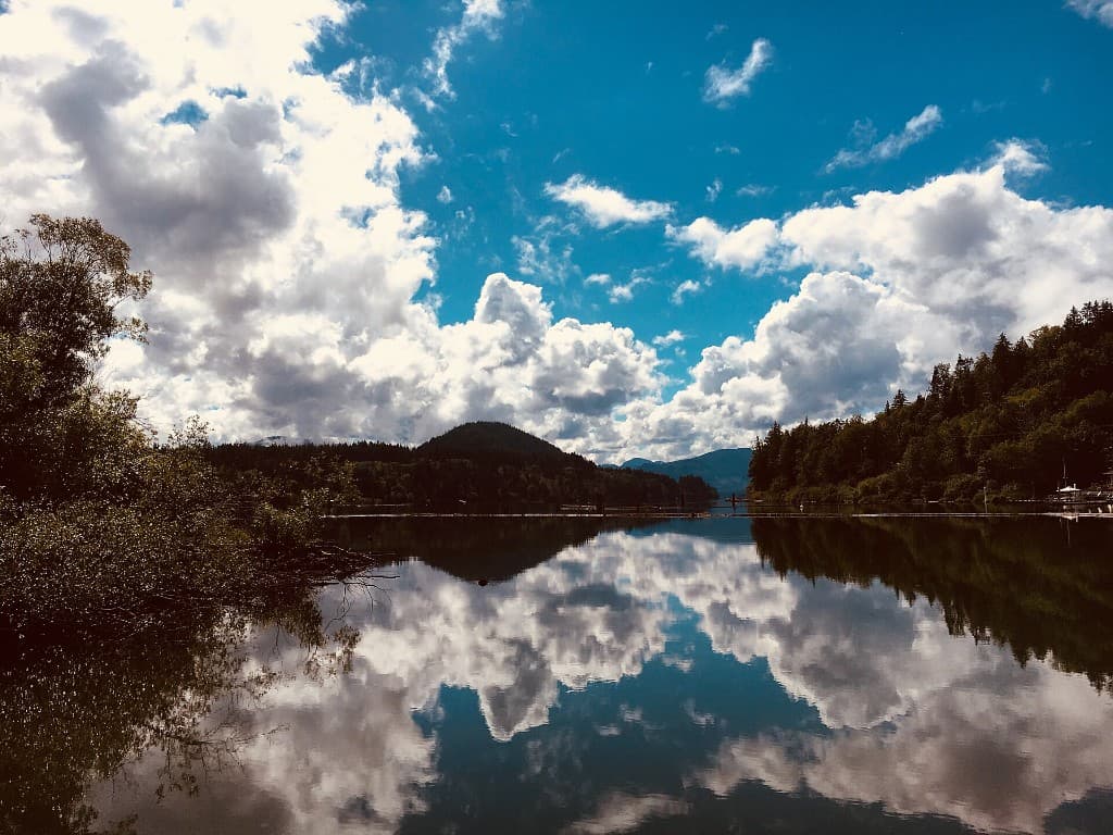 Lake Cowichan — mirror of the valley. The lake and surrounding rainforest define Cowichan life. Collective Space roots its work here — coworking, advocacy, and incubator projects that serve this place and its people.